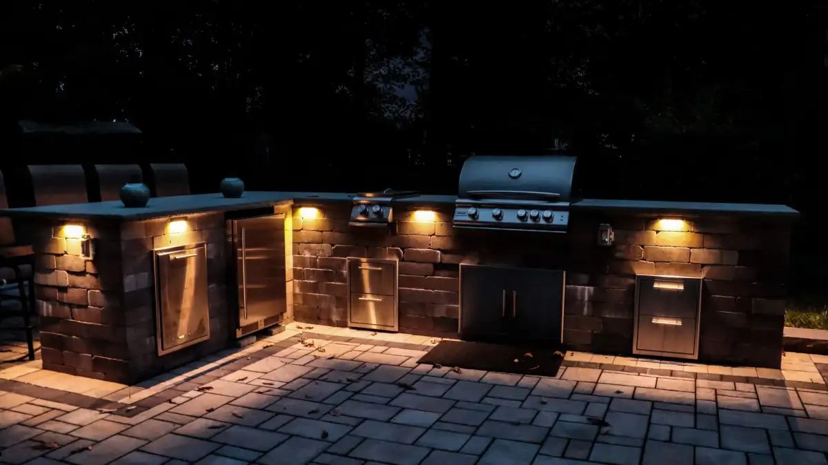 Evening view of a lit paver patio with step lights and accent uplighting on surrounding trees