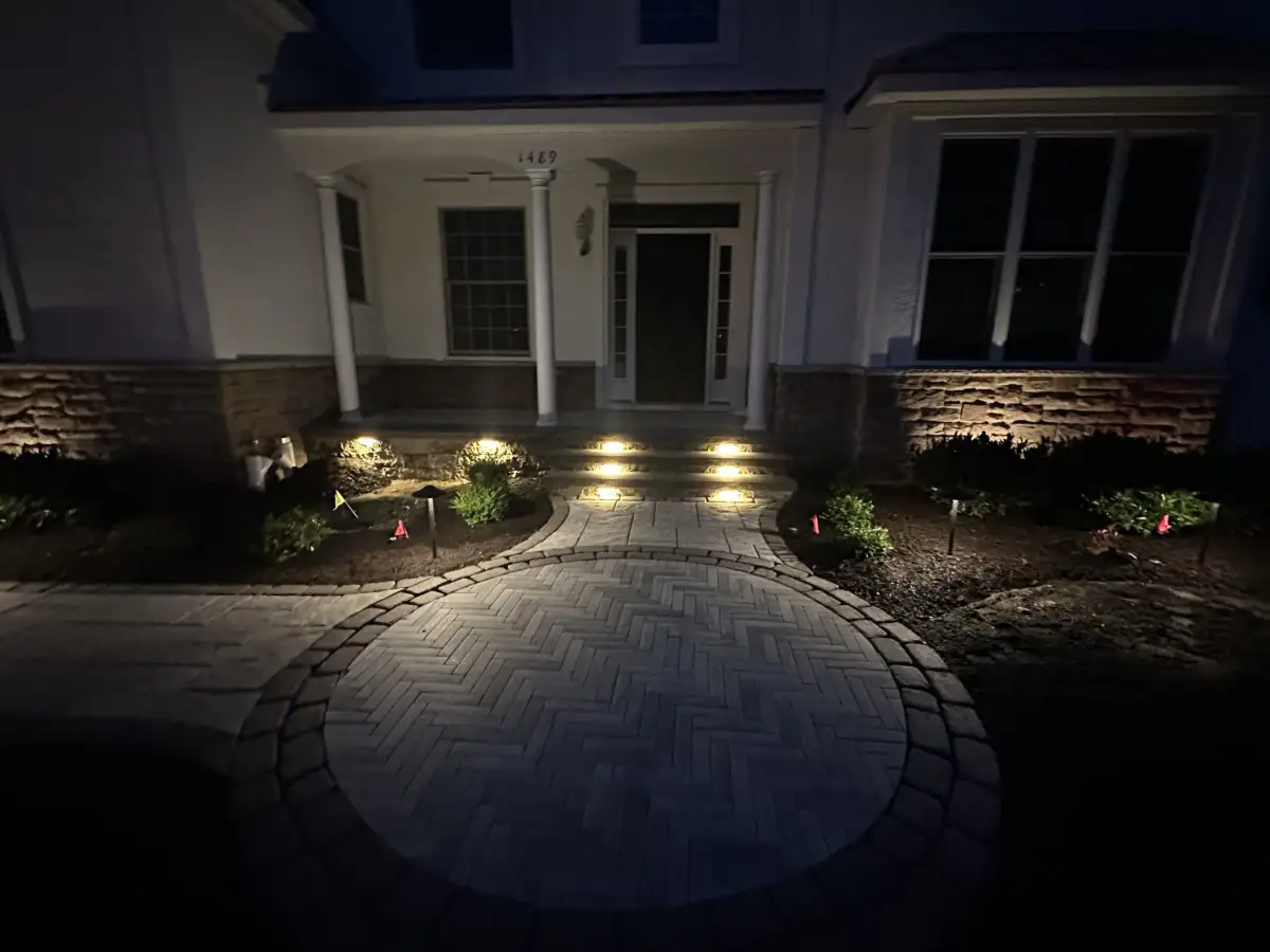 Aerial view of completed paver patio and walkway installation